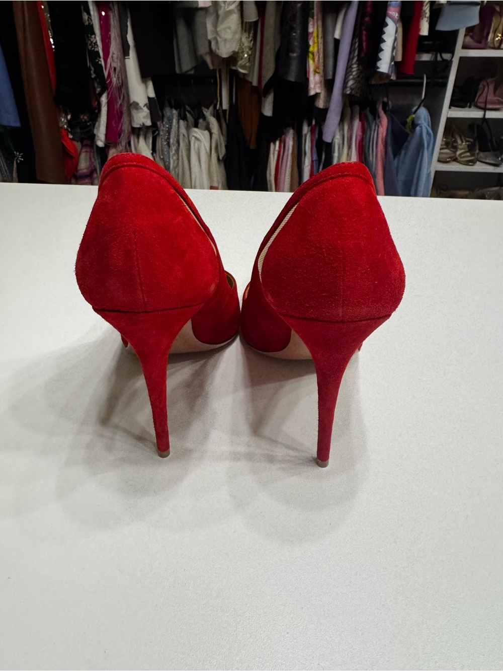 Aquazzura Red Suede Pointed Toe Pumps with Cutout Detail - Picture 4 of 5